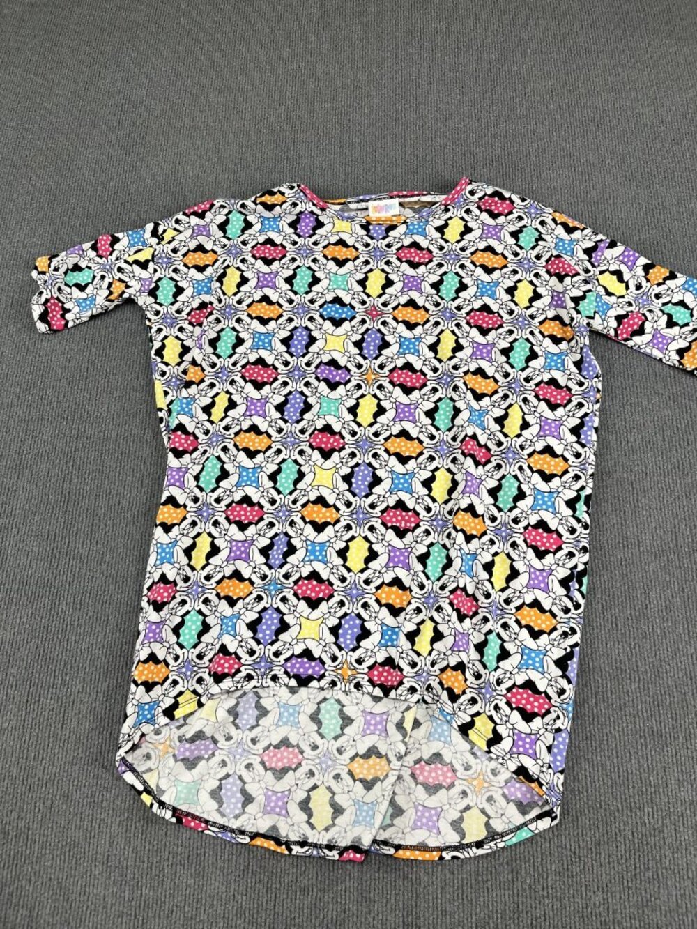 LuLaRoe Minnie Mouse Tunic Top XS Colorful Polka Dot Disney Pattern High-Low Hem